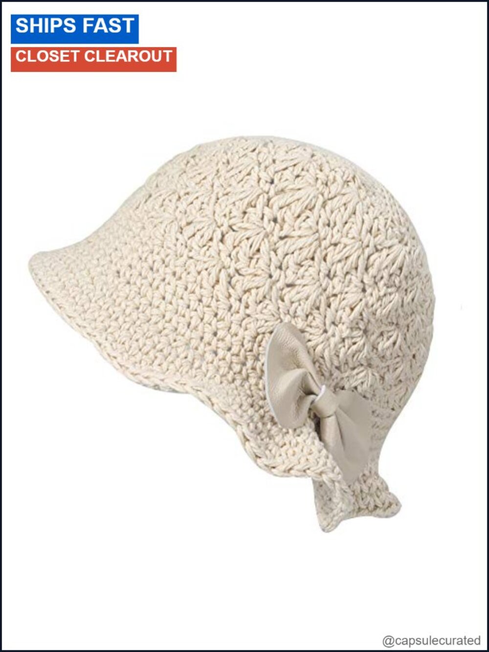Handmade Cotton Knit Bucket Hat with Leather Bowknot